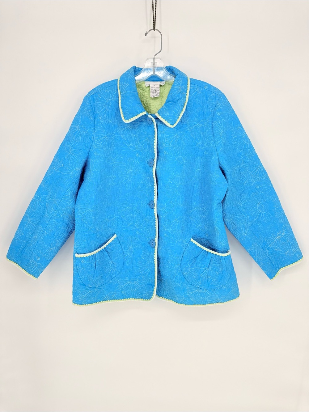 Susan Graver Quilted Jacket 1X Floral Cottagecore Grandmacore Blue Green Coastal